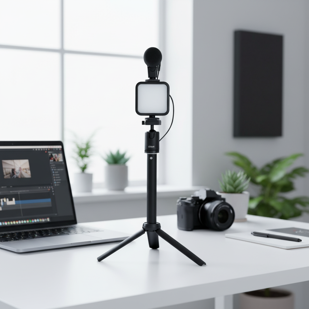 Stand Fill Light With Microphone Desktop Tripod Vlogging Kit in modern workspace